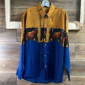 MICHELIN Mens Western Roper Country Rooster Graphic Dress Shirt Blue Gold Red